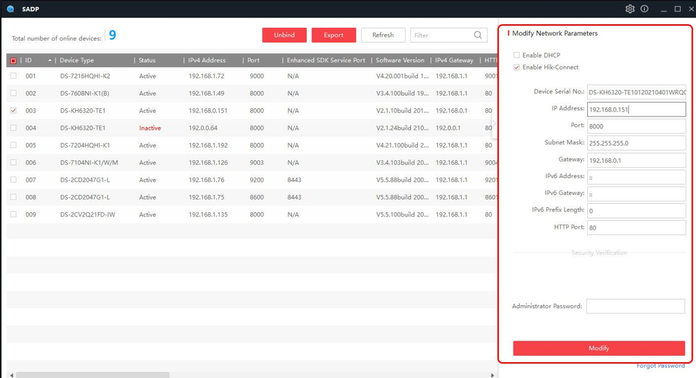 Hikvision SADP Tool med kameraets IP-adresse og netværksindstillinger