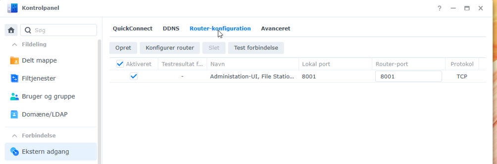 Synology DSM Router-konfiguration med Administration-UI på port 8001